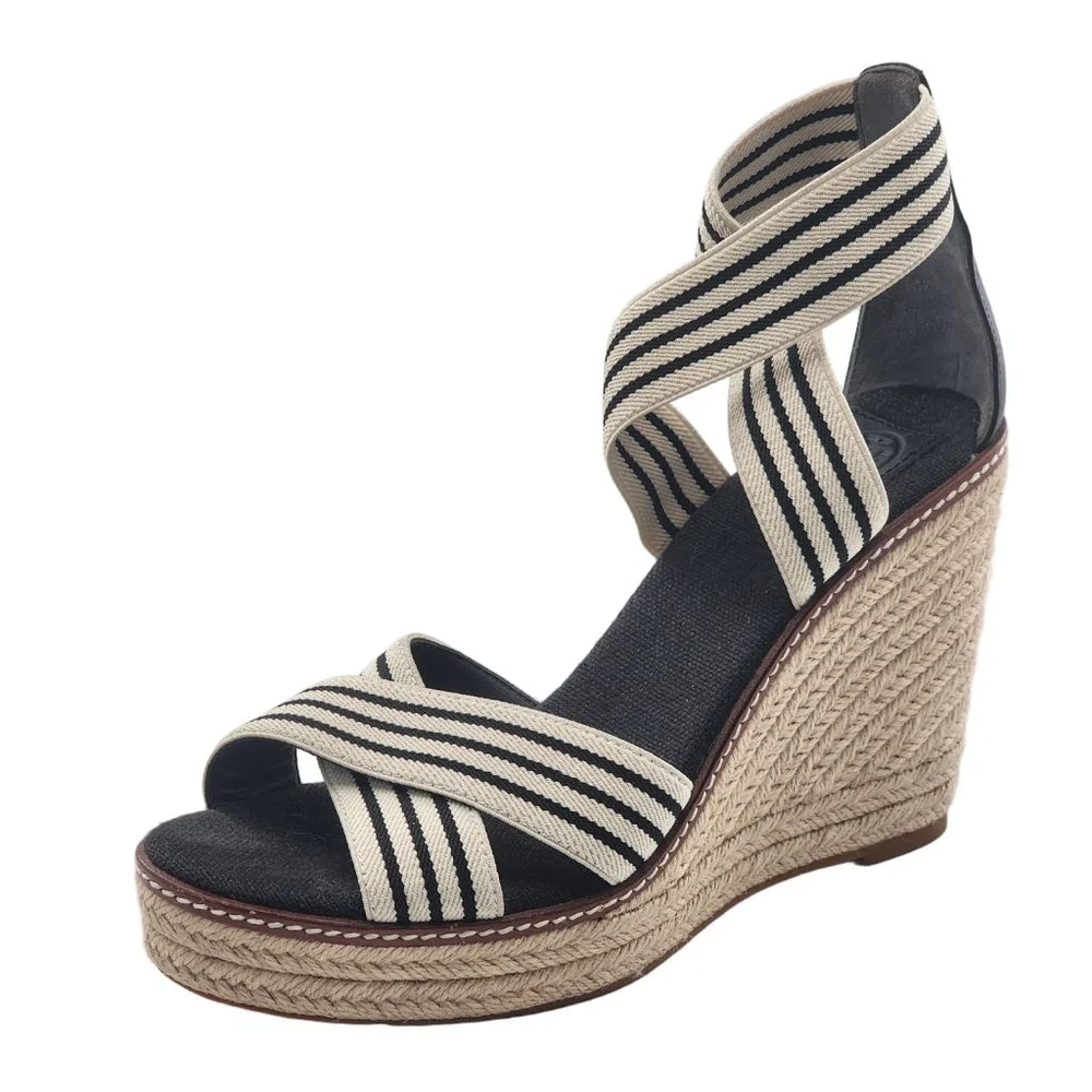 TORY BURCH Frieda Navy Cream Elastic Strap Striped Espadrille Wedge Sandals 9.5